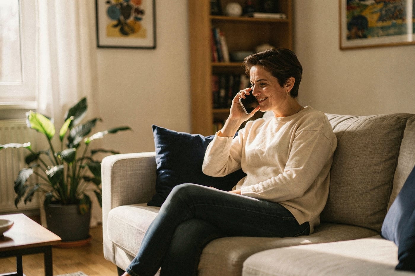 Frau sitzt entspannt und lächelnd mit dem Telefon am Ohr auf dem Sofa in einem warmen, hellen Wohnzimmer – symbolische Darstellung